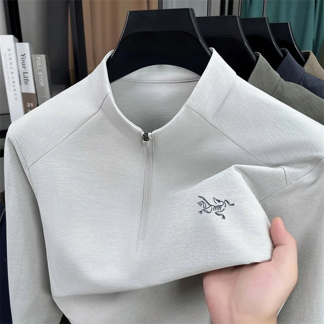Luxury Brand Men's Long-Sleeved T-Shirt Mock Neck Half-Zip Letter Embroidery Personality Retro Spring Tops Trend Hot Men's Clothing