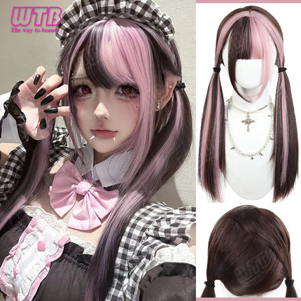 WTB Pink Highlighted Synthetic Lolita Wig for Women Long Straight with Bangs Suitable for Everyday Wear Holidays and Cosplay
