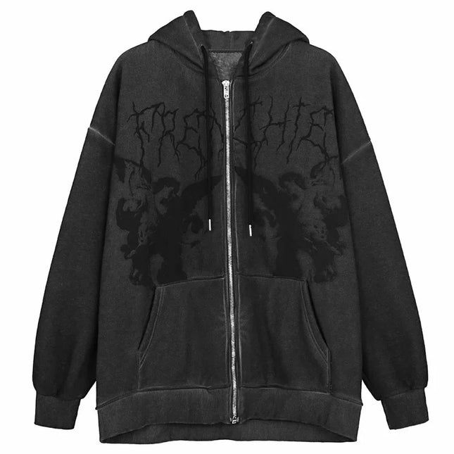 Letter Embroidery Hoodies Women Harajuku Long Sleeve Zip Up Sweatshirts Vintage Punk Loose Hooded Jackets Streetwear Y2K Clothes