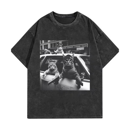 Funny Cat Gang Meme Graphic T Shirts Men's Women's Fashion Vintage Washed T-shirt Summer High Quality Cotton T-shirts