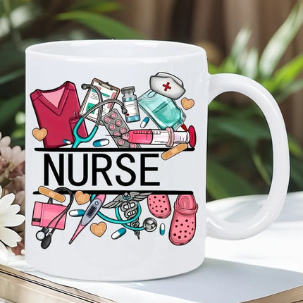 Nurse Themed 11 Ounce Ceramic Coffee Mug - Reusable, Insulated Travel Mug with Medical Illustrations, Hand Wash Only - White