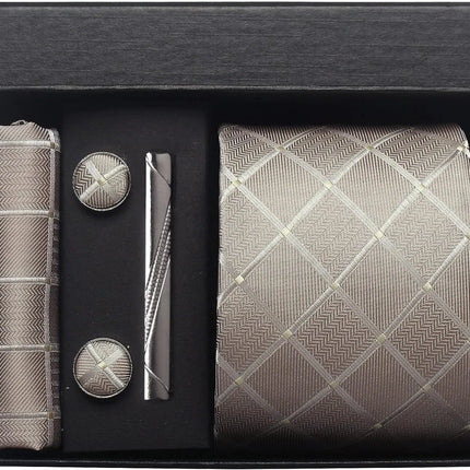Classic 100% Silk Men's Ties In Gift box 8cm Plaid Dot Striped Business Necktie Handkerchief Cufflinks Wedding Party Tie Set