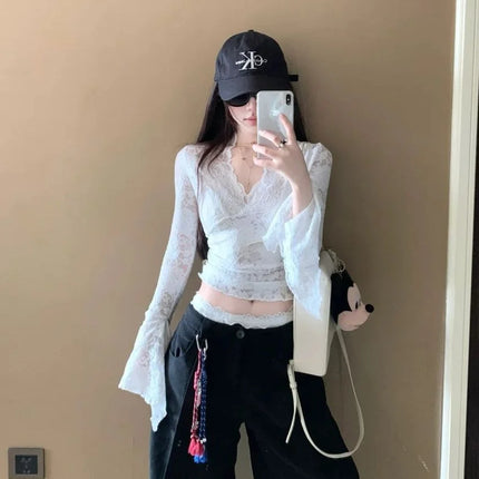 Sexy V-Neck Sheer T-Shirts Fashion Women Flare Long Sleeve Spring Lace Slim Pullovers Tops Casual Evening Party Club Chic Tees