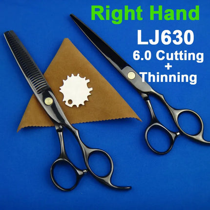 Japan 440C Titanium Qlating Barber Professional Scissors for Hairdresser 5.5 / 6.0 Cutting Thinning Black Hair Scissor Shears
