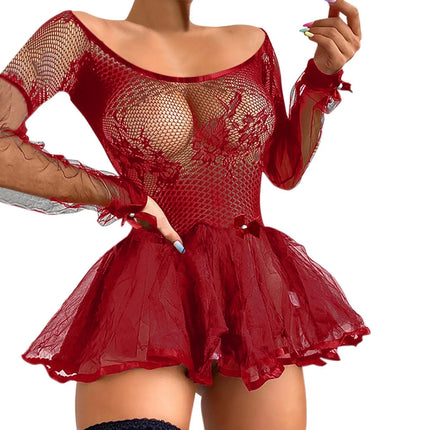 Women's Summer Fashion Sexy Lace Hollow Out Long Sleeve Nightdress See-Through Black Color Mesh Erotic A-line Mini Skirt