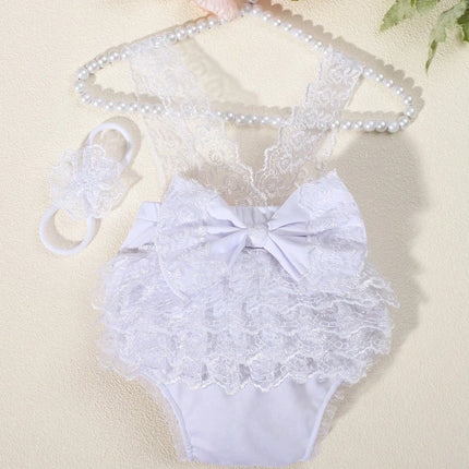 Ylsteed Newborn Photography Outfits Big Bowknot Baby Lace Romper with Hairband Blue Suspender Trousers Photo Shooting Overalls