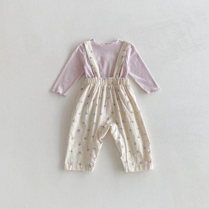 Autumn baby and toddler long-sleeved overalls set: A casual base layer shirt and a sweet two-piece set of printed overalls