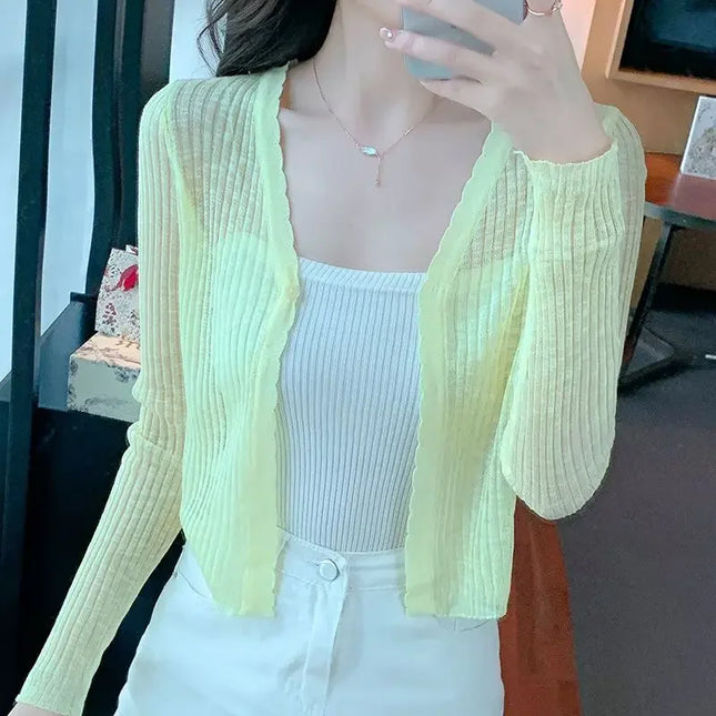 Slim Fit Knitted Long Sleeve Short Cardigan Women's Summer New Style Korean Version Thin Outerwear Pure Color Sun Protection Shi