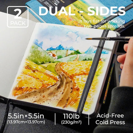 Watercolor Journal 2-Pack, 5.5x5.5 Square, 48 Pages Each, 230gsm, Gray & Blue Cover