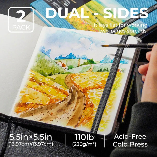 Watercolor Journal 2-Pack, 5.5x5.5 Square, 48 Pages Each, 230gsm, Gray & Blue Cover