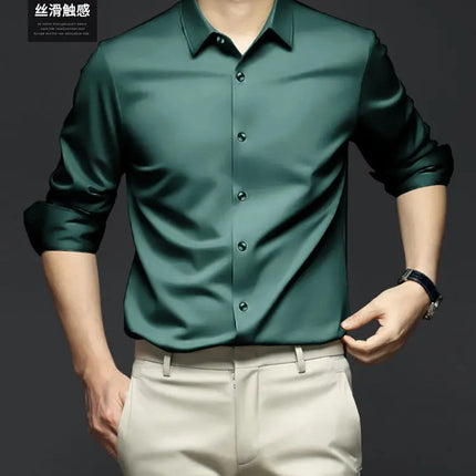 S-6XL Men's Long Sleeve Shirt Luxury Wrinkle Resistant Pure White Shirt Business Dress Casual Ice Silk Glossy Shirt