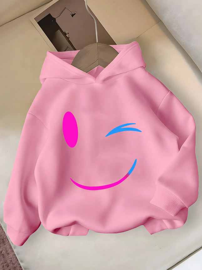 2026 autumn and winter simple smiling face printed hoodie for boys and girls outdoor leisure fashion sports sweatshirt