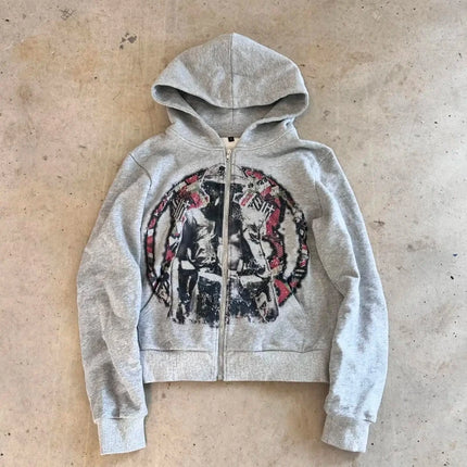 European and American Autumn and Winter Sports Hooded Pullover Retro Printing Pictures Men and Women Same Grey Loose Hoodie