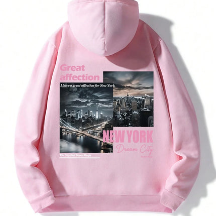New York Dream City Printed Hoodies Casual Fashion Women Pullover Fleece Warm Pocket Sweatshirt Sporty Oversize Street Clothes