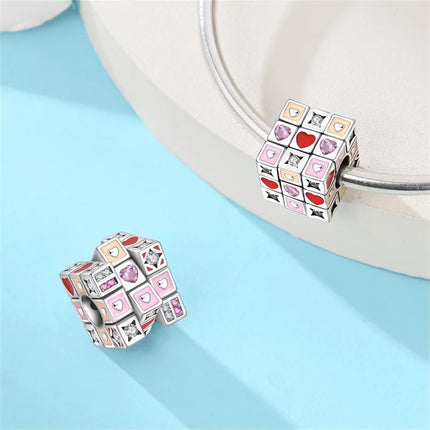 Original 925 Sterling Silver Charms Bead Inlaid Zirconium Jigsaw Puzzle Pendants Gift Fit Bracelet Jewelry DIY Marking