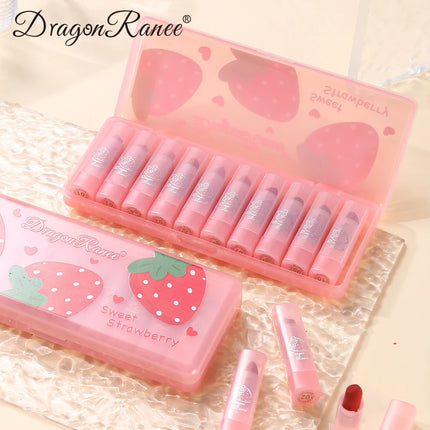 Dragon Ranee Matte Velvet Pink Strawberry Translucent 10 Pieces Lipstick Set Waterproof Sweatproof Non-Stick Lipstick Set