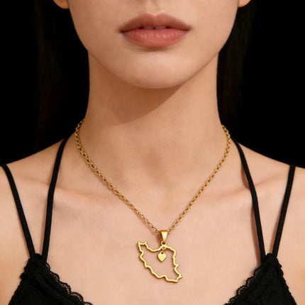 1Pcs New Stainless Steel Iran Map Hollow Heart Pendant Necklace Men's and Women's Versatile Sweater Chain Accessories Pendant