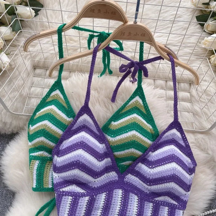 Beach Vacation Style Cami Top Women Design Sense Color Blocking Hook Flower Slim Fit Camisole Short Sexy Exposed Navel Crop Tops