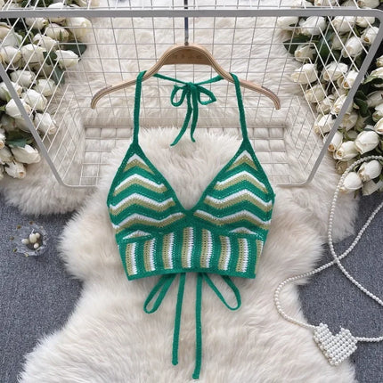 Beach Vacation Style Cami Top Women Design Sense Color Blocking Hook Flower Slim Fit Camisole Short Sexy Exposed Navel Crop Tops