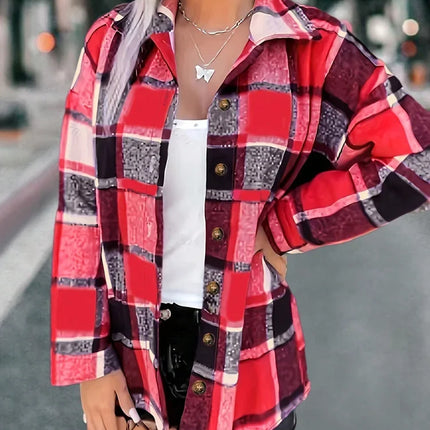 Plus Size 1XL-5XL Women's Casual Plaid Shirt Classic Button-Up Collar Long Sleeves Blouse Ladies Casual Commuting Shirt