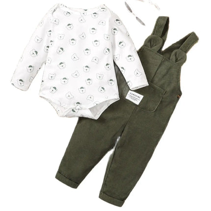 3-24 Months Baby Boy Cute Little Bear Printed Clothing Set White Long Sleeved Top+Green Strap Pants Autumn Set for Toddler Girl