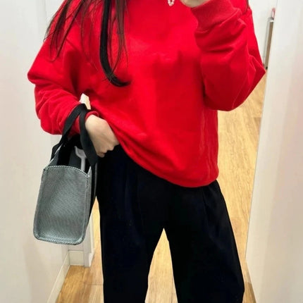 Simple Classic Letter Loose Casual Sports Top Spring Black Red Round Neck Sweatshirts Fashion Trends Solid Long Sleeves Top