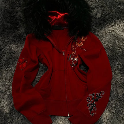 Y2K Gothic Style Fur Collar Hoodie, Retro Fashion Embroidered Letter Slim Fit Hoodie, Street Casual Sports Hoodie
