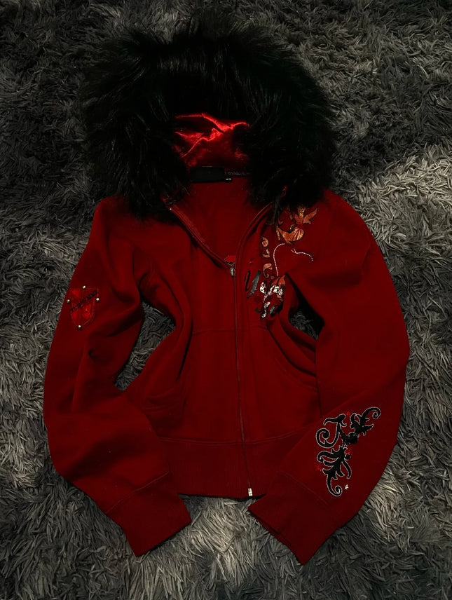 Y2K Gothic Style Fur Collar Hoodie, Retro Fashion Embroidered Letter Slim Fit Hoodie, Street Casual Sports Hoodie