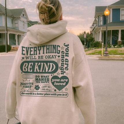 Everything Will Be Okay Green Heart Illustration Design Women Clothes Trendy New Hoodie Casual Pocket Sportswear Street Hoody