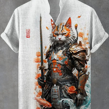 Men's Edo Cat Samurai Warrior Japanese Art Anime Shirts 3D Print Casual Hawaiian Shirts Summer Men Women Short Sleeve Blouse Top