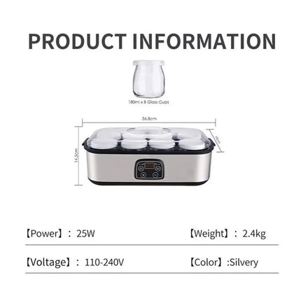 AC93-Automatic Adjustable Temperature Time Yogurt Maker With 8 Glasses Professional Ice Cream Pudding Machine UK Plug