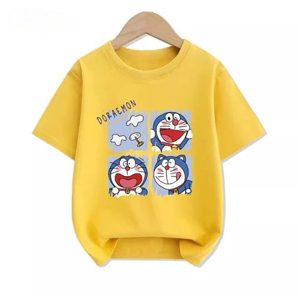 Potdemiel Summer New Doraemon Print Children's Pure Cotton T-Shirt, Boys and Girls Comfortable and Breathable Kids' T-Shirt