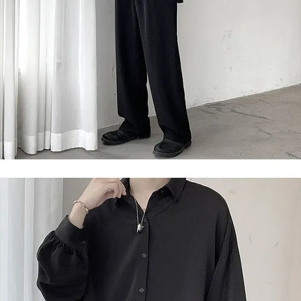 Korean Style Men's Long-sleeved Shirts Black Tie Cozy Casual Solid Oversize Blouses Breathable Loose Shirt Harajuku Male Clothes