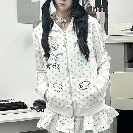 Japanese Sweet Hoodies Long Sleeve Pockets Cartoon Print Polka Dot Loose Sweatshirts Y2k Aesthetics Cute Tops Women's Clothing