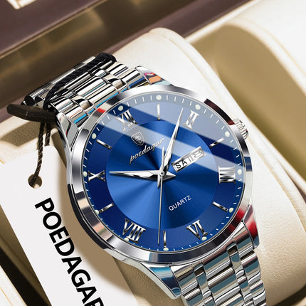 POEDAGAR Luxury Man Clock Waterproof Luminous Week Date Fashion Men's Wristwatch Stainless Steel Business Quartz Watches For Men