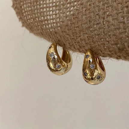 Stainless Steel Smooth Star Zircon Hoop Earrings for Women Girls Metal Chunky Sun Rhinestone Ear Buckle Punk Y2K Elegent Jewelry