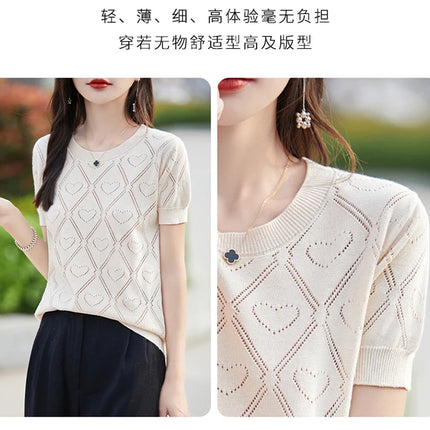 New Summer Fashion 100% Pure Cotton Women's Sweater Short sleeved Casual O-neck Pullover T-shirt Loose Knitted Hollow Top