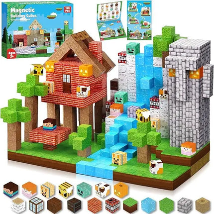 Magnetic Building Blocks Mine World Magnet Cube Set STEM Montessori Sensory Toy for Kids Boys Girls Ages 3+ DIY Model Children