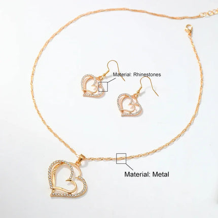 3 PCS Set Heart Shaped Jewelry Set of Earrings Pendant Necklace for Women Exquisite Fashion Rhinestone Double Heart Jewelry Set