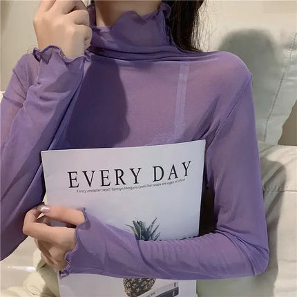High Neck Sheer Mesh Top Women Clothing Long Sleeve Turtleneck T-shirt Korean Sexy See Through Black White Beige Shirt New