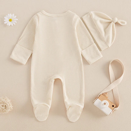 Pudcoco Newborn Baby Fall Footed Romper Solid Color Waffle Long Sleeve Crew Neck Zipper Jumpsuit with Hat 0-12M