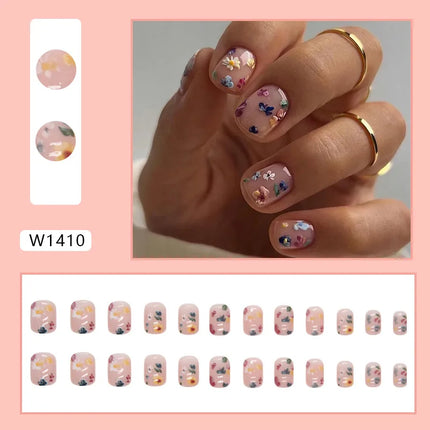 Fresh Flower 24 Pcs Press on Nails Pink Nail polish Glossy Artificial Finger Manicure Reusable False Nails for Women