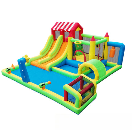 SkyBounce Inflatable Bounce House Triple Slides Water Guns Obstacle Course Soccer Goal And Basketball Hoop Summer Backyard Play