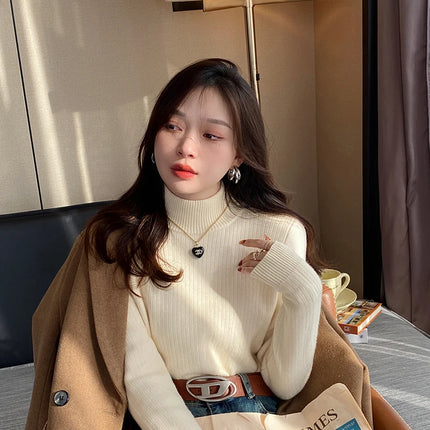 Women's Turtleneck Sweater Winter 2025 Retro with Velvet Lining Thickened Inner Wear Thermal Knitting Bottoming Shirt Pullovers