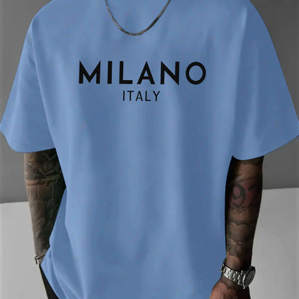 Men's 100% Pure Cotton Fashionable Casual Loose Italian Style Milan Letter Print Round Neck Short Sleeve T-Shirt Top