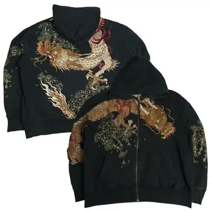Trendy retro zipper hoodie Y2K men and women hip hop embroidery casual loose hoodie jacket cherry blossom dragon pattern