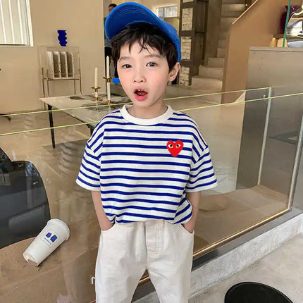 Summer Children's Cotton T-Shirt, Striped Round Neck, Short Sleeve, Kids' Top, Trendy Little Girl, Casual Cartoon Print, Sweat-Absorbing...