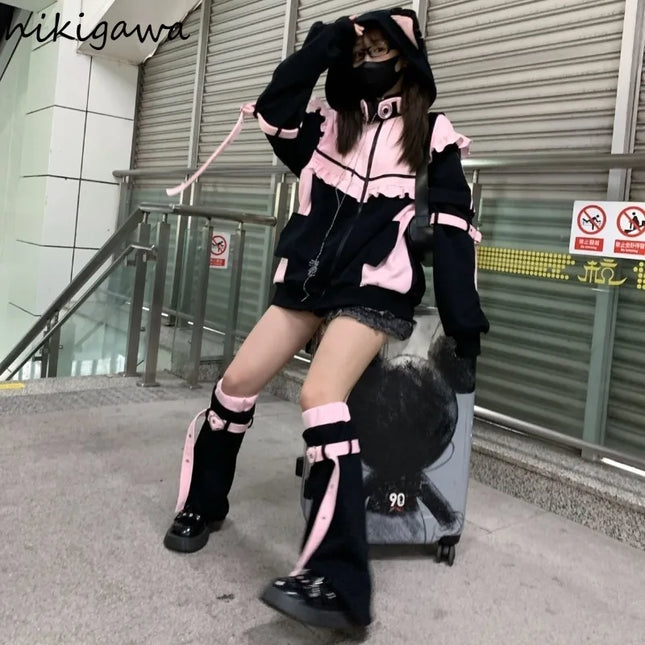 Japanese Hoodies Jackets Y2k Tops Streetwear Fashion Outwear Hooded Zipper Ruffles Sweatshirts Coat Contrast Color Casual Hoodie