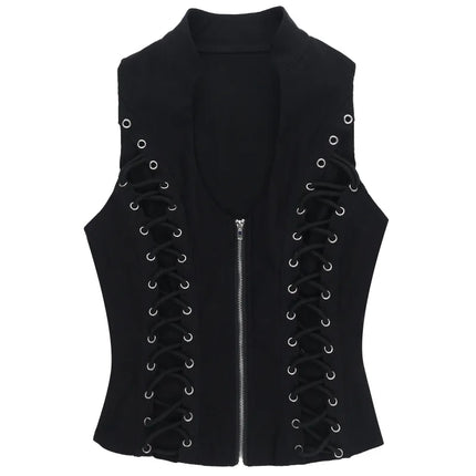 Goth Dark Punk Sleeveless Corn Bandage Tanks Top Women Chic Streetwear Slim Zip Vest Mall Gothic Techwear Summer Fashion T-shirt