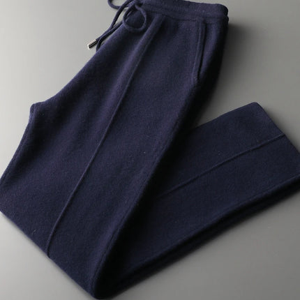 100% Wool Men's Knitted Long Pants Autumn Winter Thickened Slim Fitting Solid Color Warm Flat Corner Pants Leisure